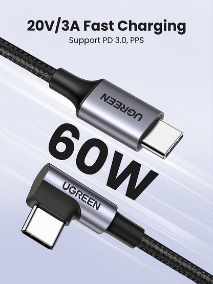 UGREEN Right Angle USB C Cable 6.6FT 2-Pack, 60W USB C to USB C Cable 90 Degree Type C Cable for Iphone 17/16, Macbook Pro/Air, Ipad Pro 2022/Air 5/Mini 6, Galaxy S25/S24/S23, Pixel 10/9, Switch