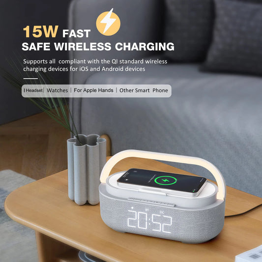【4in1多機能】ポータブル Bluetoothスピーカー ワイヤレス充電 / FMラジオ / 調光LED 全5色 ギフトに